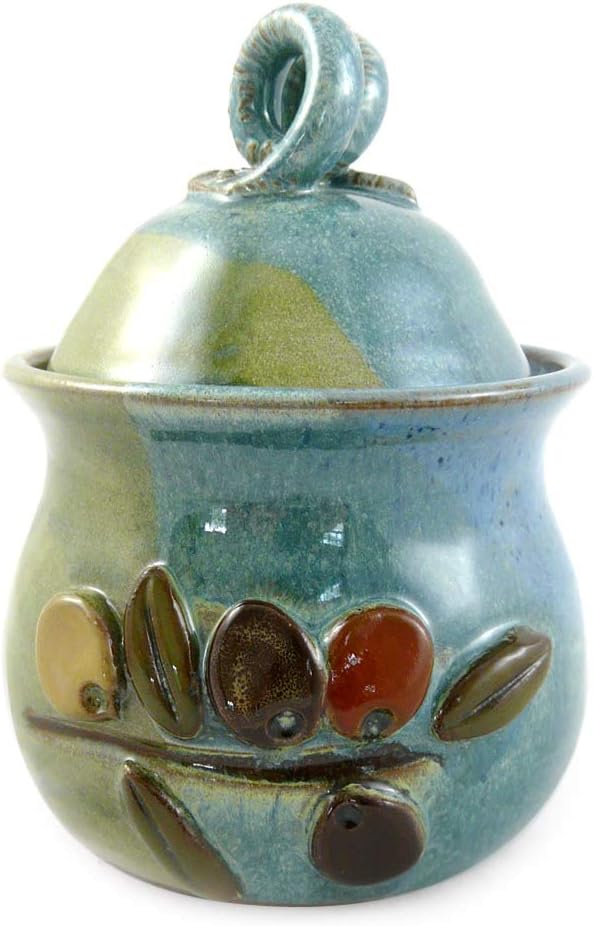 Modern Artisans American Made Stoneware Pottery Garlic Keeper Jar with Olive Motif