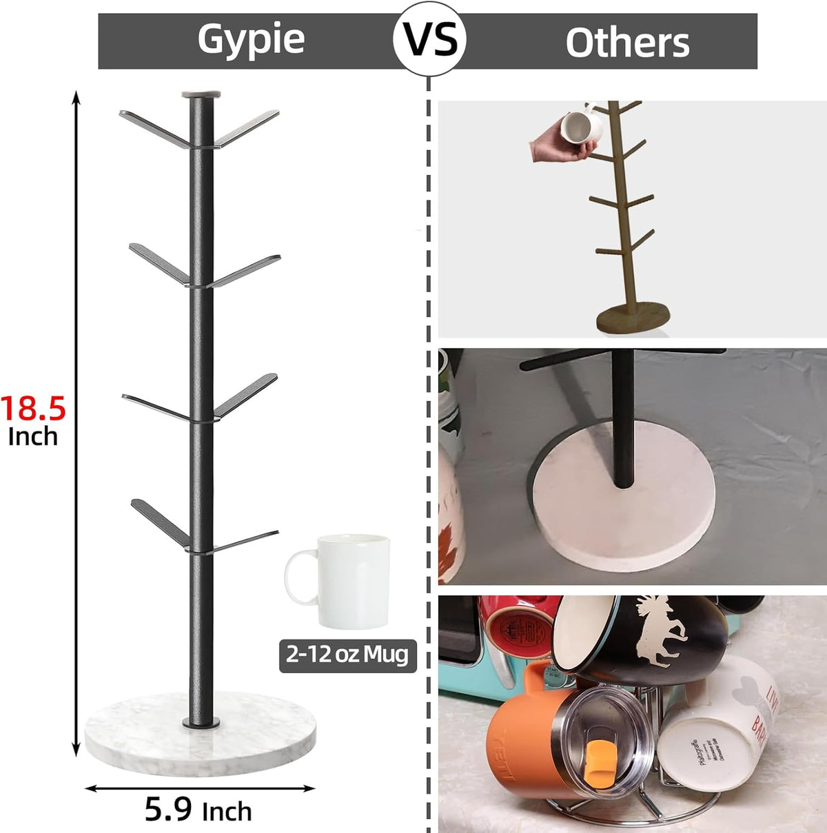 Marble Mug Holder Tree, 8 Hooks Coffee Cups Stand, New Upgraded Stable Mug Stand for Kitchen Counter Cabinet Cafe Black