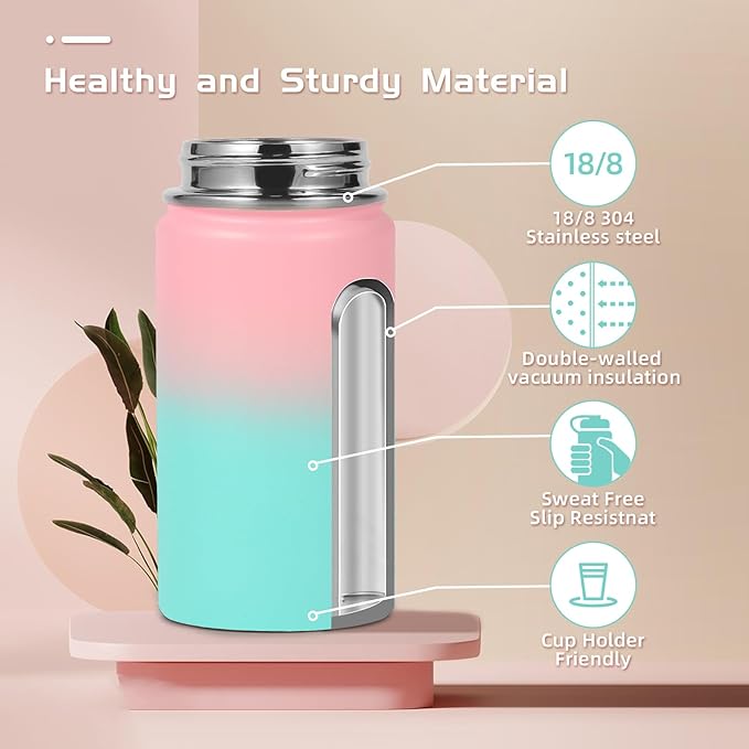 Volhoply 14oz KIds Water Bottle with Straw Lid and Silicone Boot Bulk 6 Pack,Stainless Steel Insulated Cups for Boys & Girls Multipack,Double Wall Vacuum Leakproof Bottles(Pink Green,6)