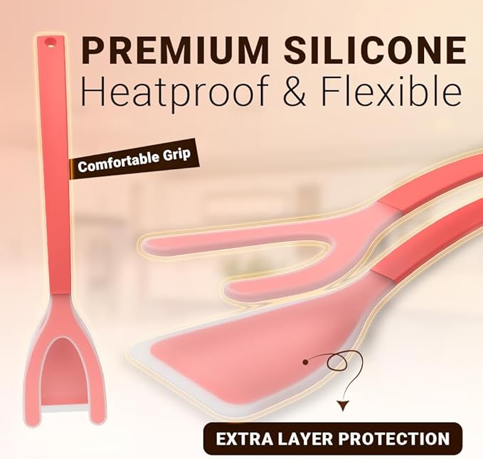 Silicone Egg Flipper Spatula Tongs (Set of 1) – Non-Stick 2-in-1 Grip & Flip Kitchen Tongs for Pancakes, Fish, Eggs, and More – Heat Resistant Cooking Tool (Red)
