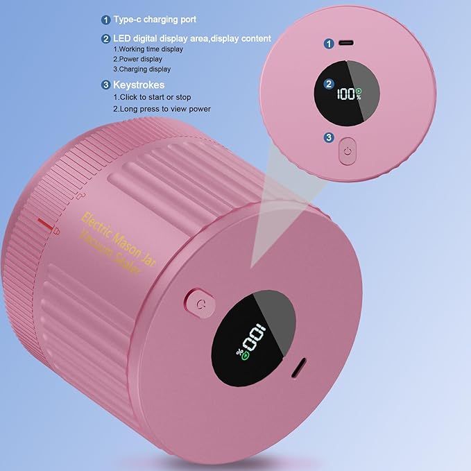 LOVE MOMENT Electric Mason Jar Vacuum Sealer Kit for Wide Mouth and Regular Mouth Mason Jar - Pink
