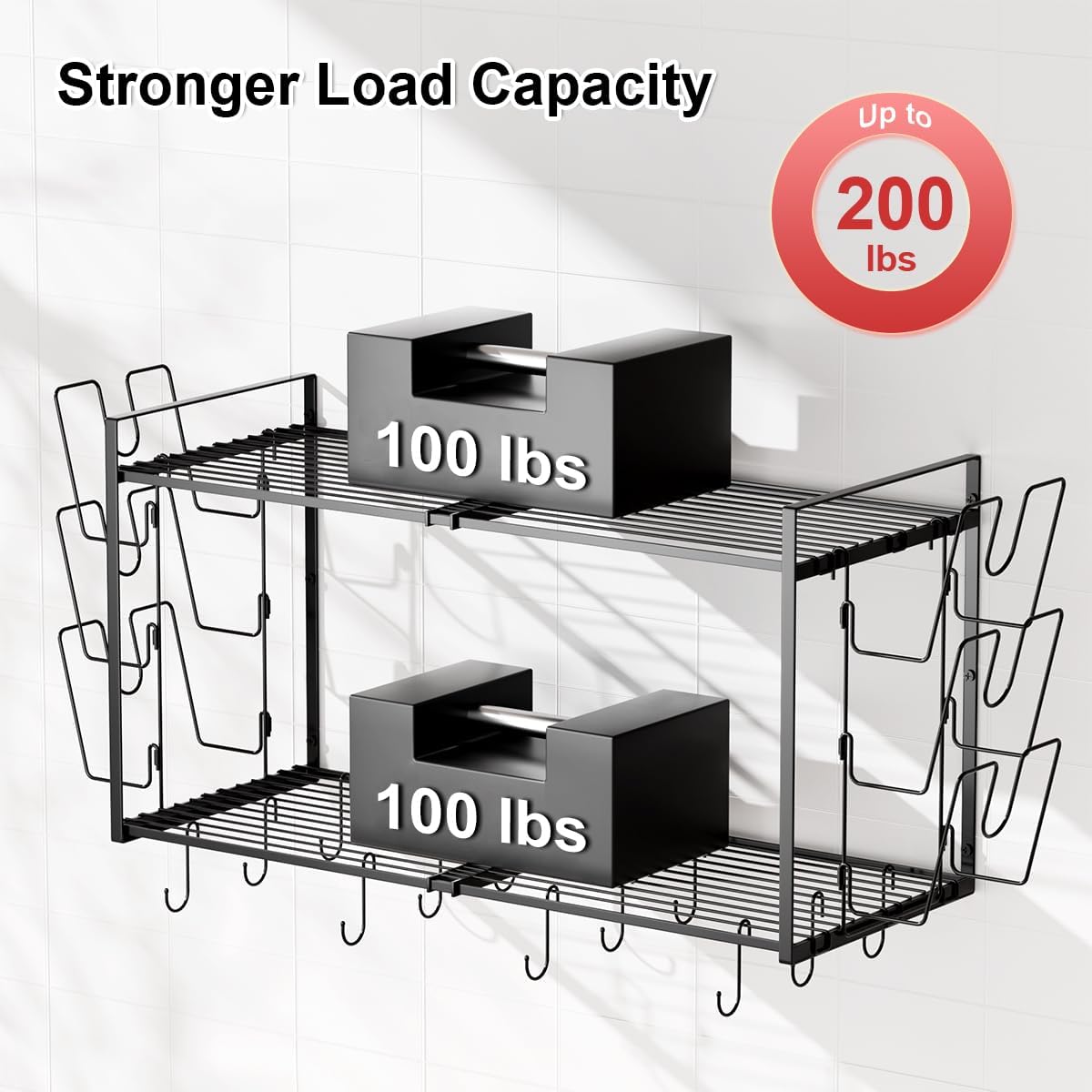 31 Inch Pot Rack Wall Mounted, 2-Tier Hanging Pots and Pans Organizer Expandable Heavy Duty Kitchen Shelves with 6 Pot Lid Holders and 12 Hooks for Kitchen Cookware Utensils Storage