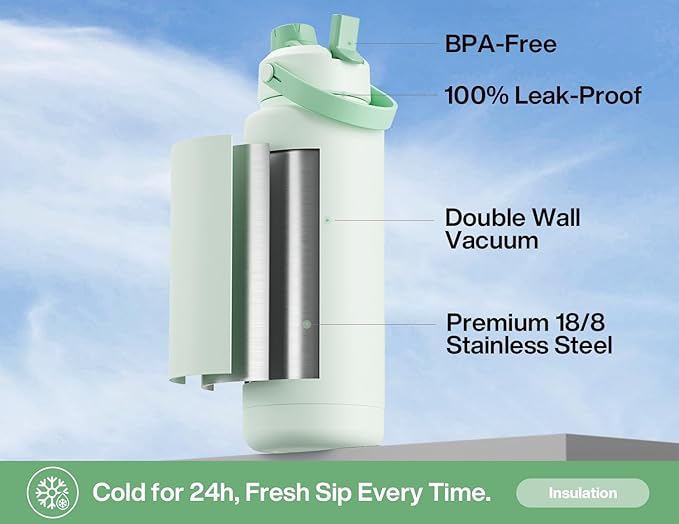 POWCAN 40 oz Insulated Water Bottle with 2-in-1 Straw and Spout Lid, Keep Cold 24H, Leak-Proof, BPA-Free, Double Wall Stainless Steel Water Bottle for Sports, Gym, Travel, and School (Mint)