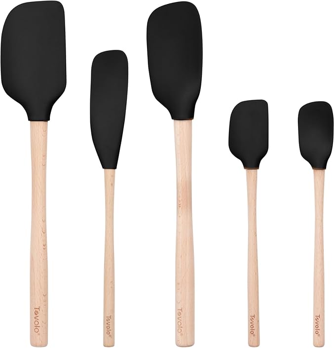 Tovolo Silicone Spatula with Wooden Handle Set of 5 Piece Silicone Kitchen Utensil Set Spoonula Jar Scraper Mini Spatula and Spoonula for Cooking Baking Mixing Folding Black Cookware Set