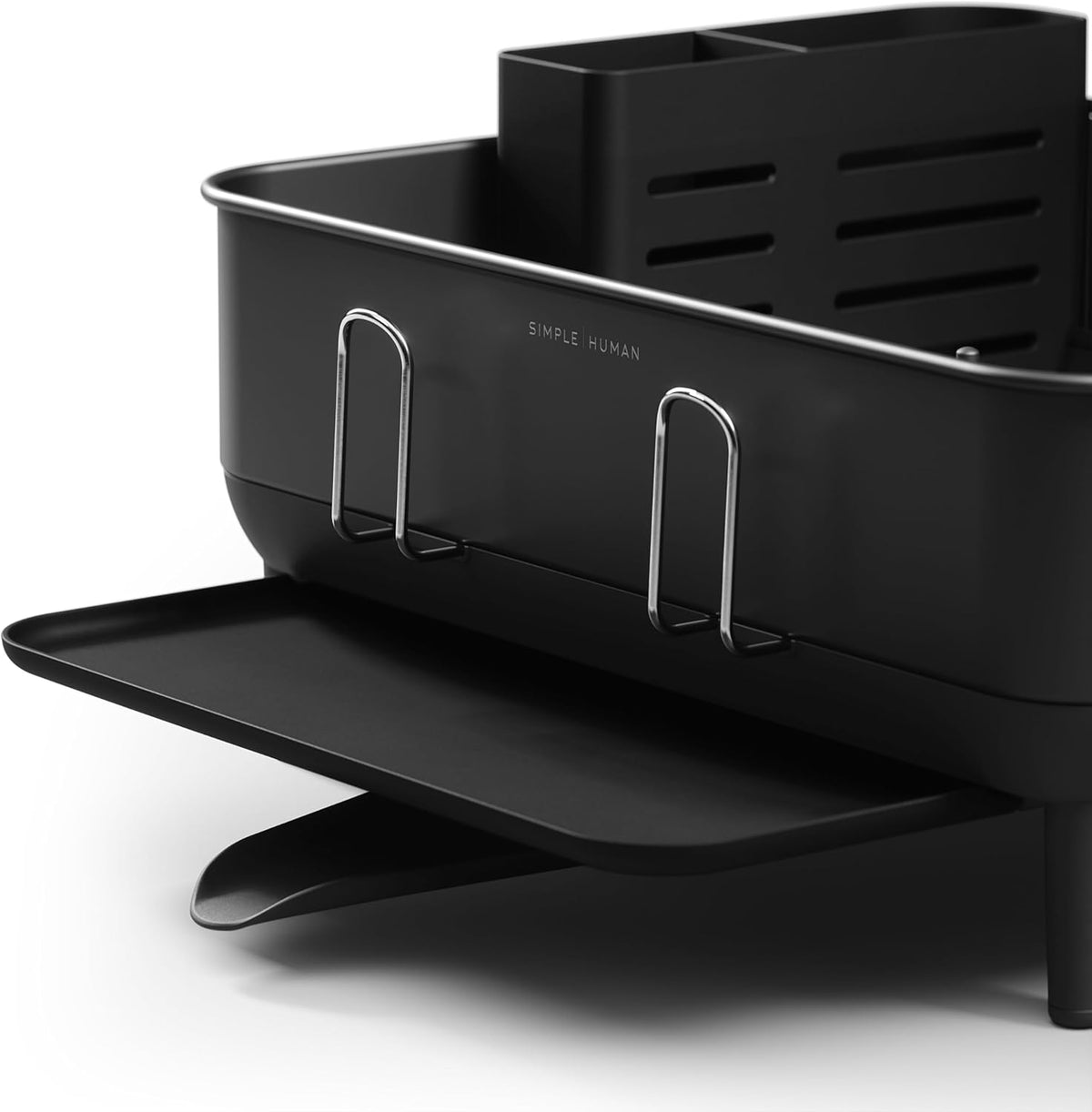 simplehuman Compact Dish Drying Rack with Stainless Steel Frame, 360º Easy Drain Swivel Spout, Utensil Holder, Anti-Residue Coating, Moisture Control Surface, Matte Black