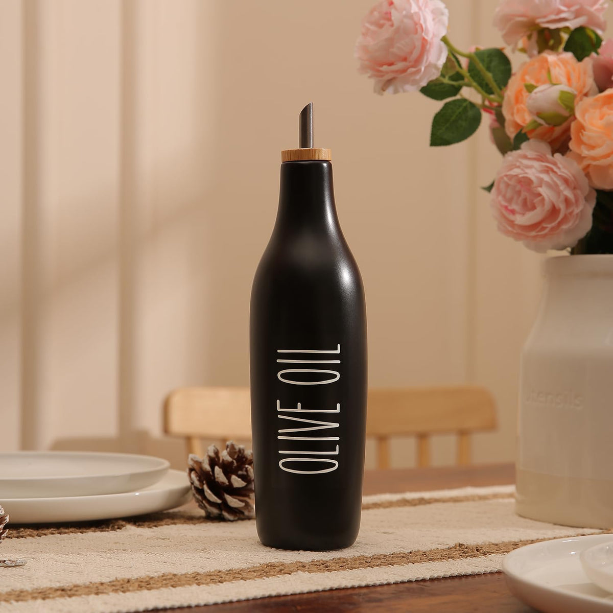 HOMCDALY Ceramic Olive Oil Dispenser for Kitchen, Stoneware 16oz Oil Cruet and Vinegar Bottles Dispenser, Kitchen Dispenser Bottle for EVOO Vinegar Syrups, Modern Farmhouse Design(B-O)