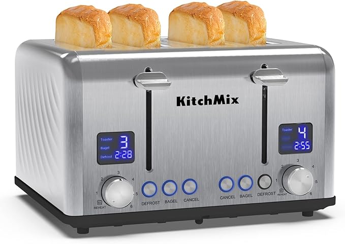 Toaster 4 Slice, KitchMix Bagel Stainless Toaster with LCD Timer, Extra Wide Slots, Dual Screen, Removal Crumb Tray (Stinless steel)