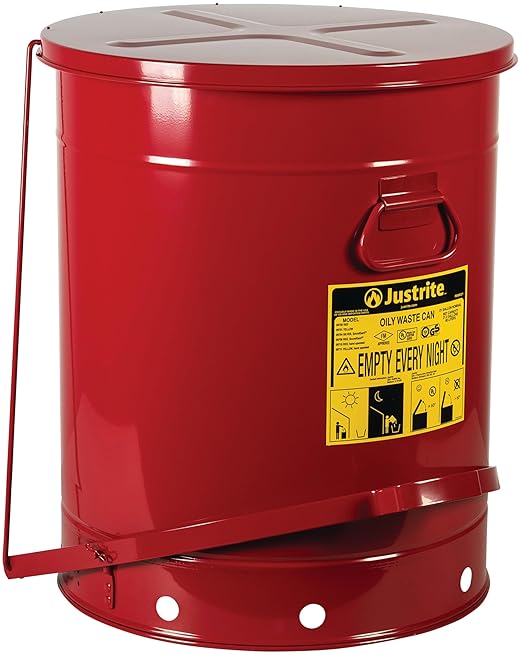 Justrite 21 Gallon Galvanized Steel Oily Waste Can, 23.5" x 18" Metal Oil Rag Safety Can with Foot Operated Self-Closing Lid for Oil Rag Disposal, Made in The USA, Red, 09700