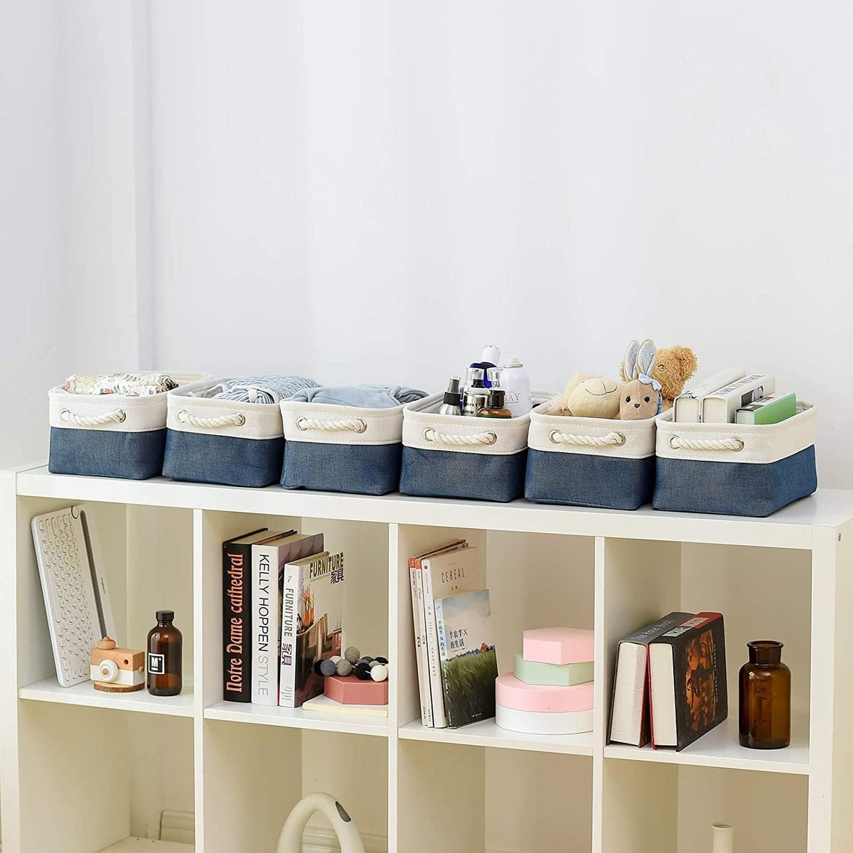 TheWarmHome Storage Basket for Organizing - Small 12x8x5.2 inch 6 Pack Collapsible Storage Bin for Shelves, Canves Storage Cubes for Organizer Cloth Box Gift Toys Closet (White & Jean Blue)