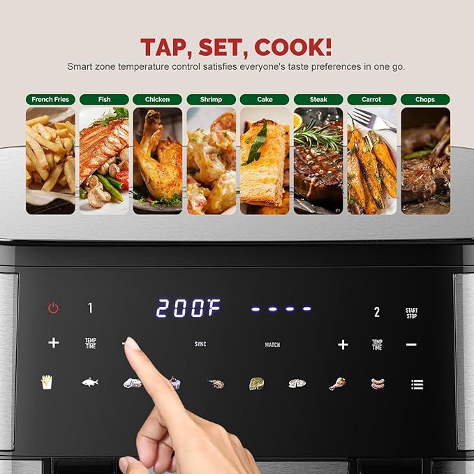 Upgraded Large 10QT Dual Air Fryer, Digital Touchscreen, Smart Sync Cook & Finish Function to Air Frying, Reheat, Bake, Double Baskets for Fresh Meals, Snack for Family and Children
