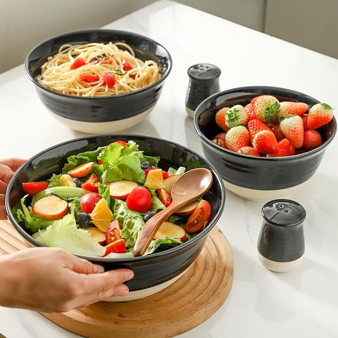 Hasense Large Ceramic Mixing Bowls, 2.1/1.5/1.0 Qt Salad Bowls for Kitchen, Versatile Serving Bowls for Cooking, Baking, Salad Mixing, Prepping, Nesting Black Bowl Set of 3, Dishwasher Microwave Safe