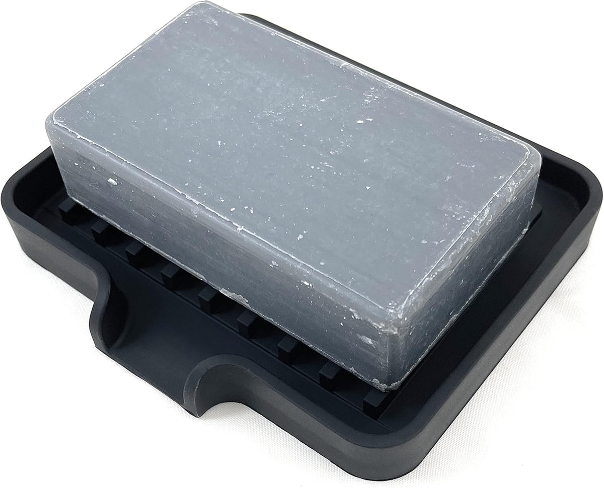 Happitasa Silicone Soap Dish Tray and Sponge Holder with Drain Chute, Pack of 2 | Bathroom and Kitchen Sink Organizer Caddy (Black, 5.2"x4", 7.2 Ounces)