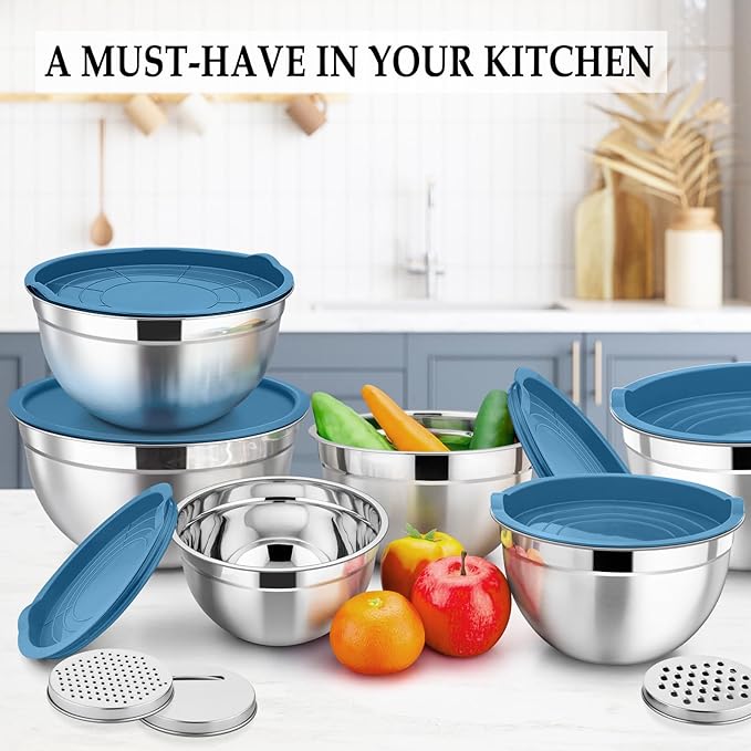 TeamFar Mixing Bowls with Lids Set, 6PCS Stainless Steel Metal Nesting Salad Bowl with 3 Grater Attachments, for Food Baking/Mixing/Serving/Storing, Dark Blue- 4.6/2.6/2 / 1.5/1 / 0.7 QT