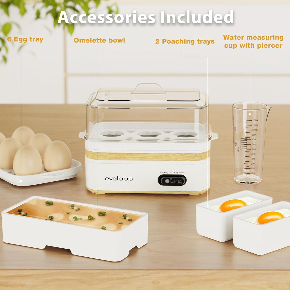 Rapid Egg Cooker Electric 6 Eggs Capacity, Soft, Medium, Hard Boiled, Poacher, Omelet Maker Egg Poacher With Auto Shut-Off, BPA Free-White