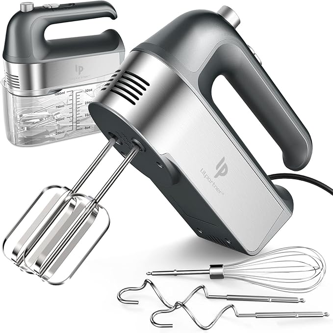 Hand Mixer Electric, 450W Kitchen Mixers with Scale Cup Storage Case, Turbo Boost/Self-Control Speed + 5 Speed + Eject Button + 5 Stainless Steel Accessories, For Easy Whipping Dough, Cream, Gray