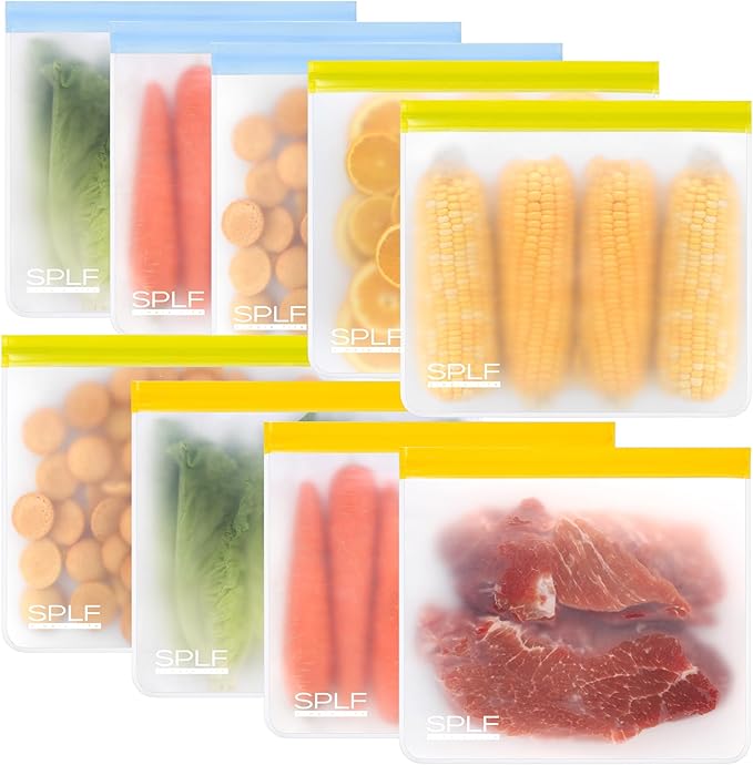 SPLF 9 Pack Reusable Gallon Freezer Bags Dishwasher Safe, BPA Free 1 gallon Leakproof Silicone and Plastic Free Food Storage Bags for Meal Prep, Fruits, Sandwich, Snack, Travel Items - Muticolor