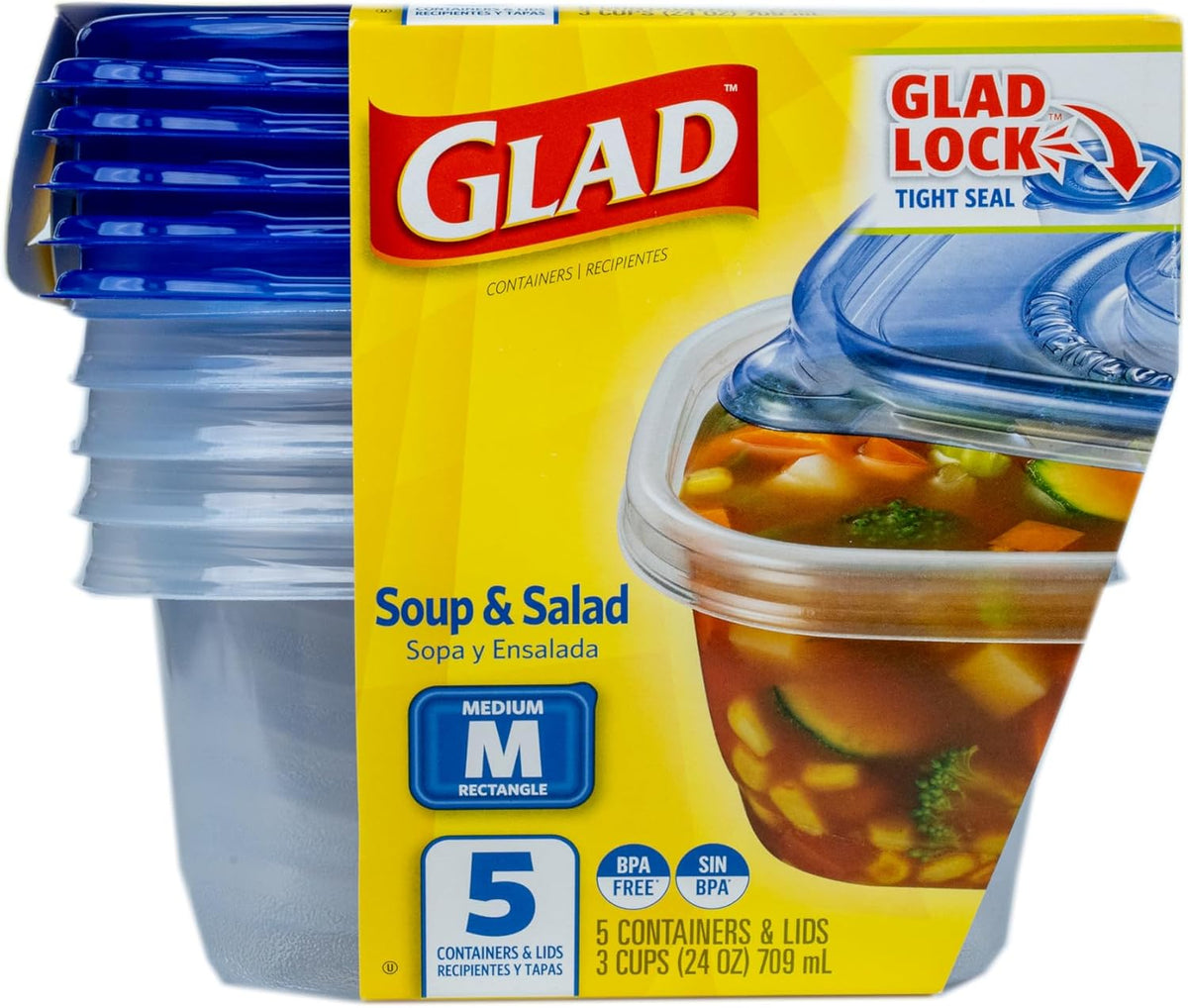 Glad GladWare Soup & Salad Food Storage Containers - Medium Rectangle - Meal Container Holds up to 24 Ounces of Food - Lock Tight Seal, 5 Count - 6 Pack