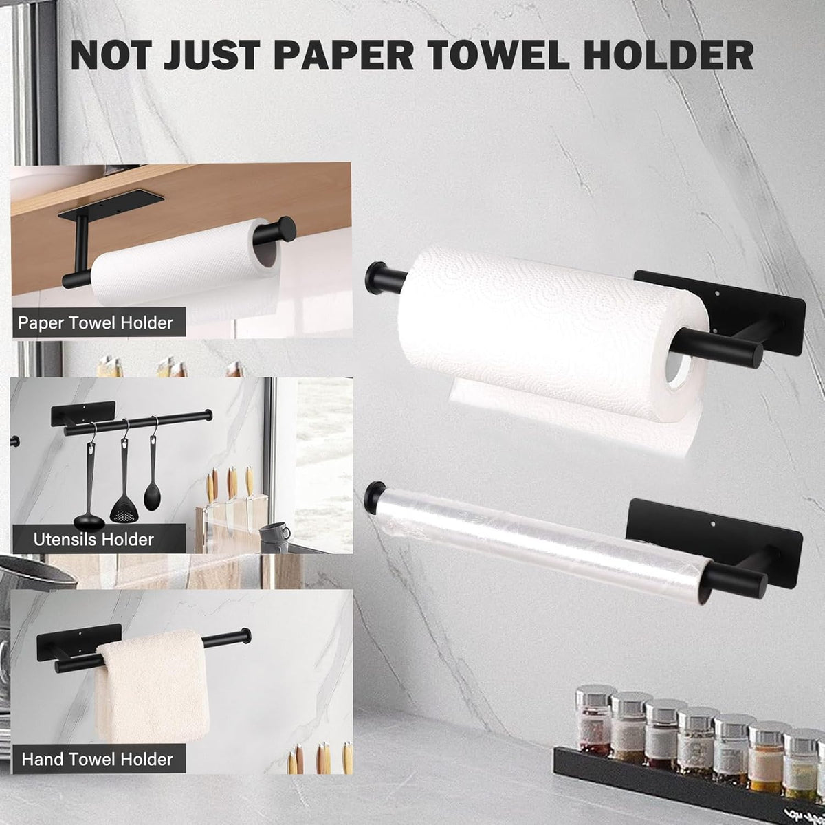 Self Adhesive or Drilling Paper Towel Holder Under Cabinet,Black Stainless Steel Hanging Paper Towel Holder Wall Mount for Kitchen Paper Towel,Under Counter Paper Towel Roll Rack for Home,Bathroom,RV