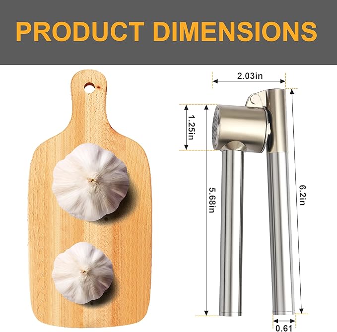 Garlic Press, 304 Stainless Steel Garlic Mincer & Crusher, Heavy Duty, Easy Squeeze, Rust Proof, Easy Clean
