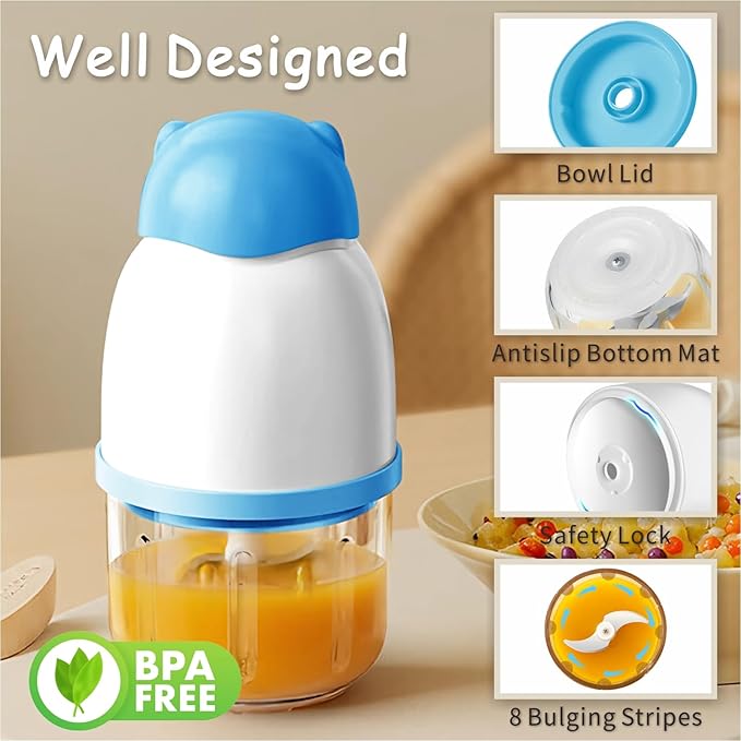 Baby Food Maker, Cordless Food Processor Puree Blender with 350ml Glass Bowl ＆ 6 Sharp Blades, Small Wireless Chopper Baby Puree Maker, Mini Rechargeable Chopper Kitchen Mixer for Fruit,Vegetable,Meat