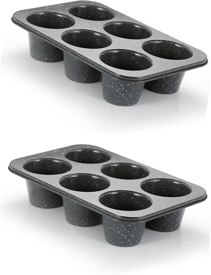 Monfish 2PCS Deep Jumbo Muffin Pan 6 Cup Carbon Steel Black Stone non Stick Coating Muffin Tin 3.5diax3 cup
