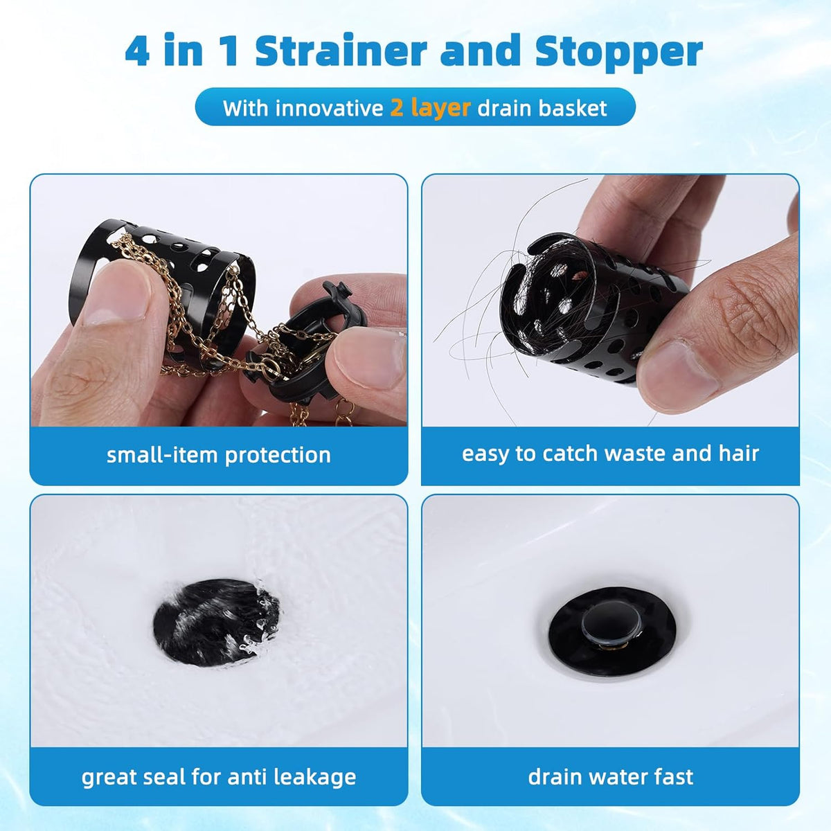Universal Bathroom Sink Stopper Hair Catcher Upgraded with 2-Layer Detachable Filter Basket, 4 in 1 Pop Up Drain Strainer, Anti-Clog, Odor-Block, Universal Fit for 1.1''~2.36'' Sinks, Matteblack