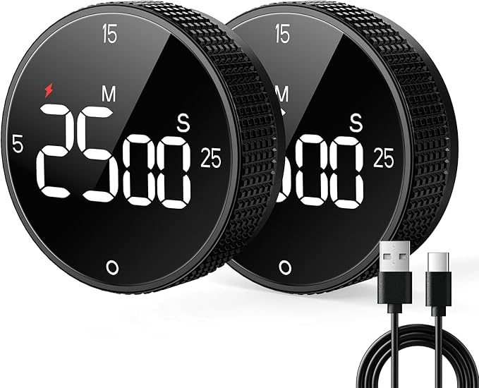 Rechargeable Magnetic Kitchen Timer for Cooking, Building 800mAh Battery Large Display Digital Countdown Countup Timer, 3 Preset 5/15/25 Mins Loud Alarm for Baking Grilling Studying - 2PCS
