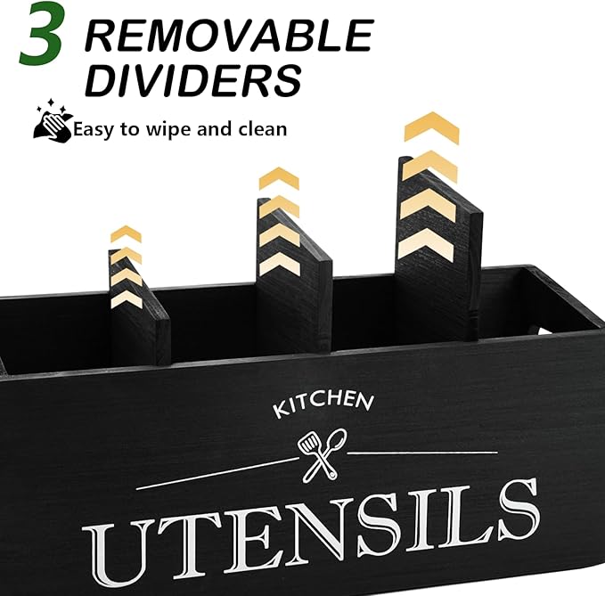 Kitchen Utensil Holder with 4 Compartments, Wooden Utensil Organizer for Countertop, Ideal for Storage and Organization, Rustic Cooking Utensil Kitchen Tool, Black