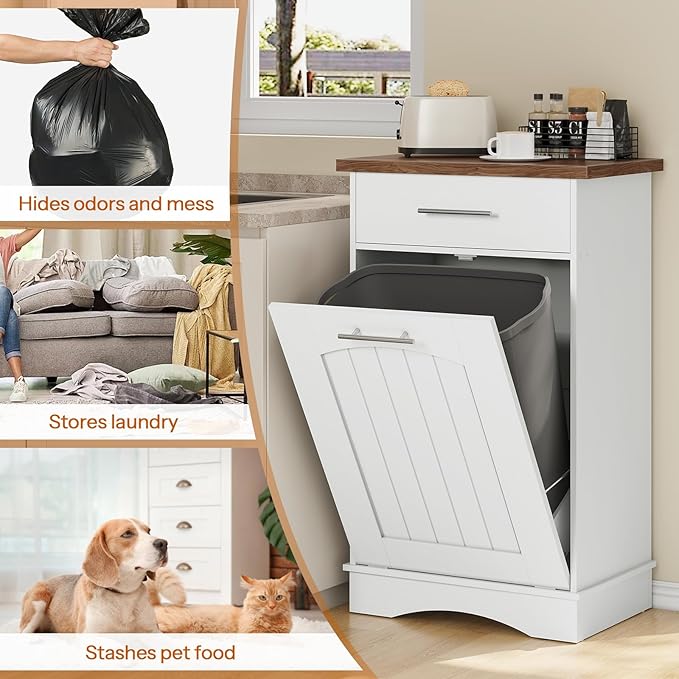HOOBRO 10 Gallon Tilt Out Trash Cabinet, Kitchen Trash Can,Trash Bin Storage, with Flip Door and Large Drawer, Hidden Laundry Hamper Cabinet, for Kitchen, Laundry, White and Walnut WH02LJ01