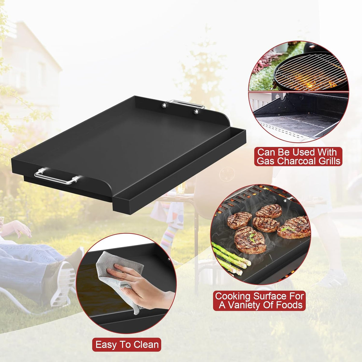 17" x 13" Universal Nonstick Griddle for Gas Grill, Carbon Steel Griddle Plate for BBQ Gas/Charcoal/Gas Stove, Flat Top Plate Grill with Removable Handles for Weber, Charbroil Grills