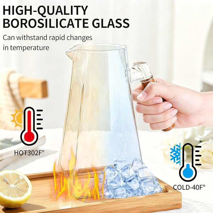 1.8 Liter 60 oz Glass Pitcher with Wooden Lid & Handle - Heat-Resistant Borosilicate Jug with Trident Star Design, Perfect for Iced Tea, Lemonade, Cold Brew & Party Drinks (Clear, 60 oz)