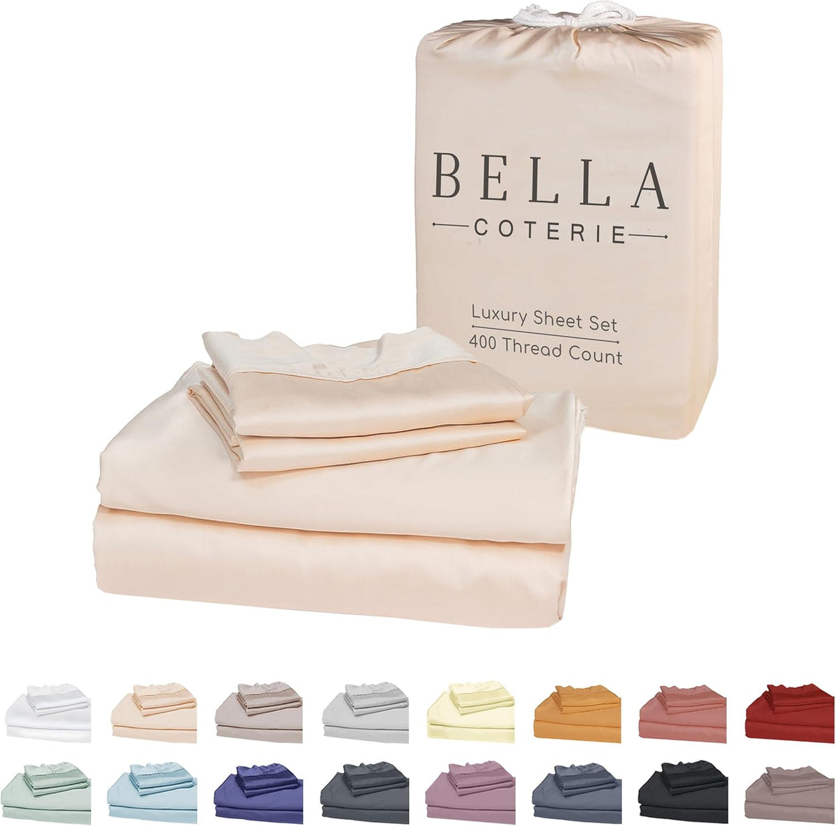 Bella Coterie Luxury Bamboo Viscose Queen Size Sheet Set | 100% Organically Grown | Ultra Soft | Cooling for Hot Sleepers | 18" Deep Pocket [Champagne]