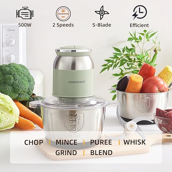 Green Food Processor,500W Electric Meat Grinder with 8 Cup Stainless Steel Bowl and 4 Sharp Blades, Food Chopper & Vegetable Chopper for home use,Meat Processor, Vegetables, Fruits and Nuts