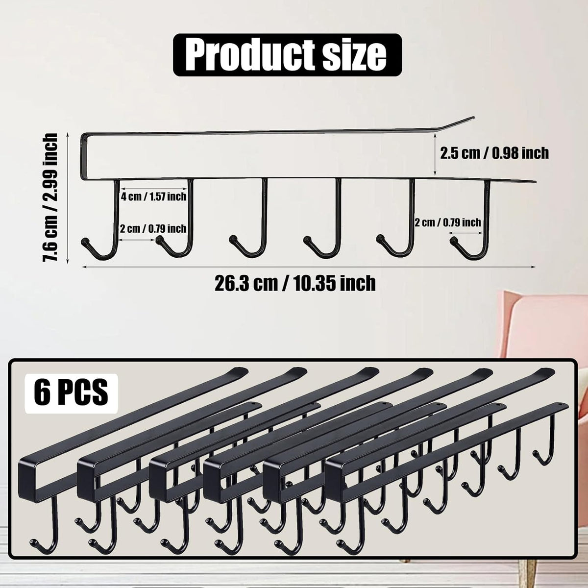 6PCS Mug Hooks Under Cabinet,Mug Holder Under Shelf,Coffee Cups Holder Hanger with 6 Hooks for Kitchen Utensils,Fit for 0.95 inch Thickness or Less,Drilling Free (Black)