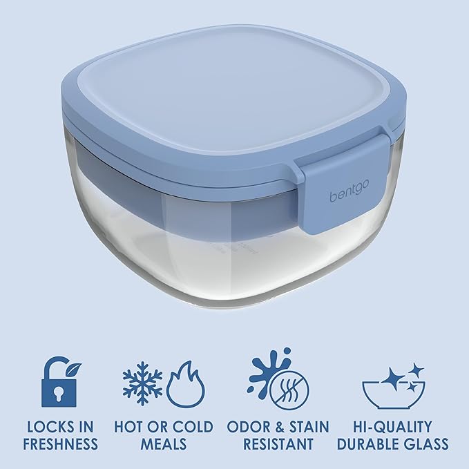 Bentgo Glass All-in-One Salad Container - Large 61-oz Salad Bowl with Lid, 4-Compartment Bento-Style Tray, 3-oz Sauce Container, and Reusable Fork - Dishwasher, Microwave, and Oven Safe (Light Blue)