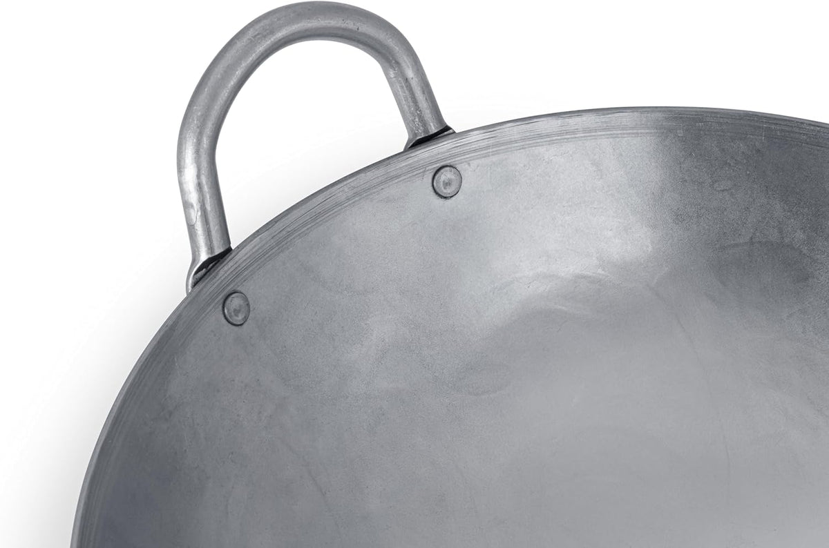 Craft Wok Traditional Hand Hammered Chinese Carbon Steel Wok with Wooden and Steel Helper Handle (12 Inch, Round Bottom Pow Wok Pan) / 731W88-12in