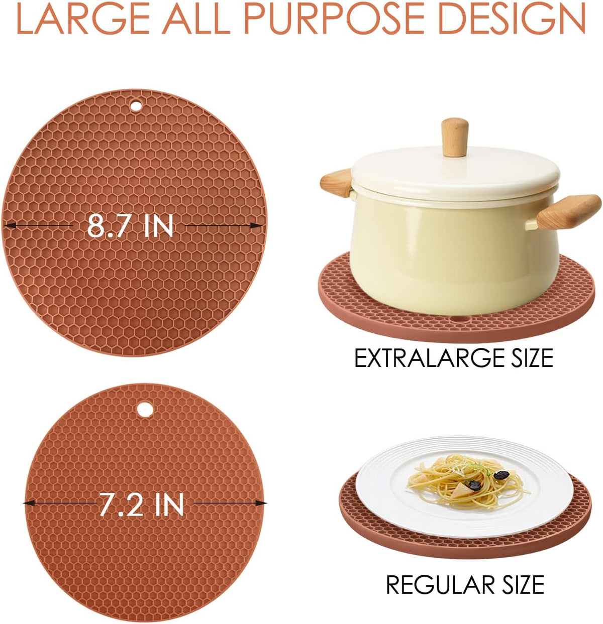 Silicone Trivets for Hot Dishs, 7 Inch & 9 Inch Heat Resistant Silicone Hot Pads Pot Holders for Kitchen Counter, Flexible Round Trivet Mats, Potholders(Coffee)