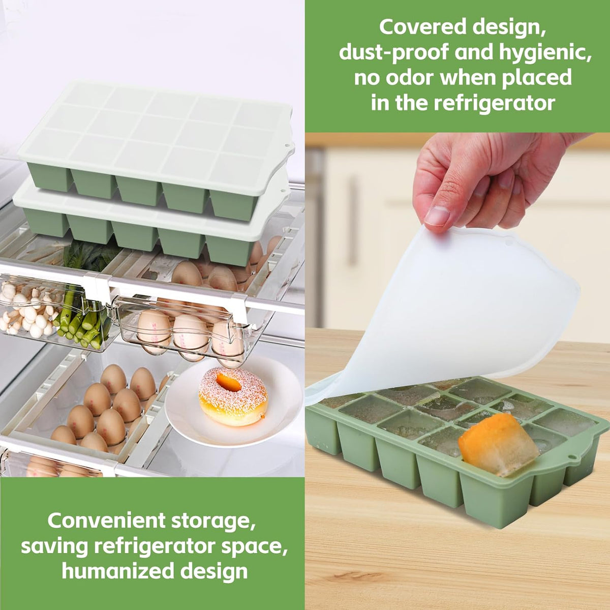 Silicone Ice Cube Tray, 3 Pack Easy-Release Stackable Ice Trays for Freezer with Lid 15 Reusable Cubes, Food Grade BPA Free Ice Molds for Whiskey, Baby Food, Coffee, Cocktail (Blue+Green+Pink)