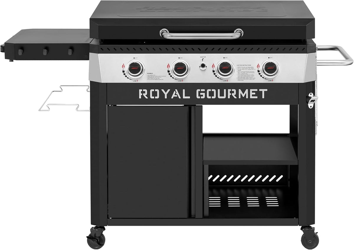 Royal Gourmet GB4008T 4 Burner Propane Gas Griddle with Pull-Out Expandable Table & Foldable Side Shelf, 34-Inch Flat Top Grill with Hood for Outdoor Cooking & Backyard Barbecue, Black