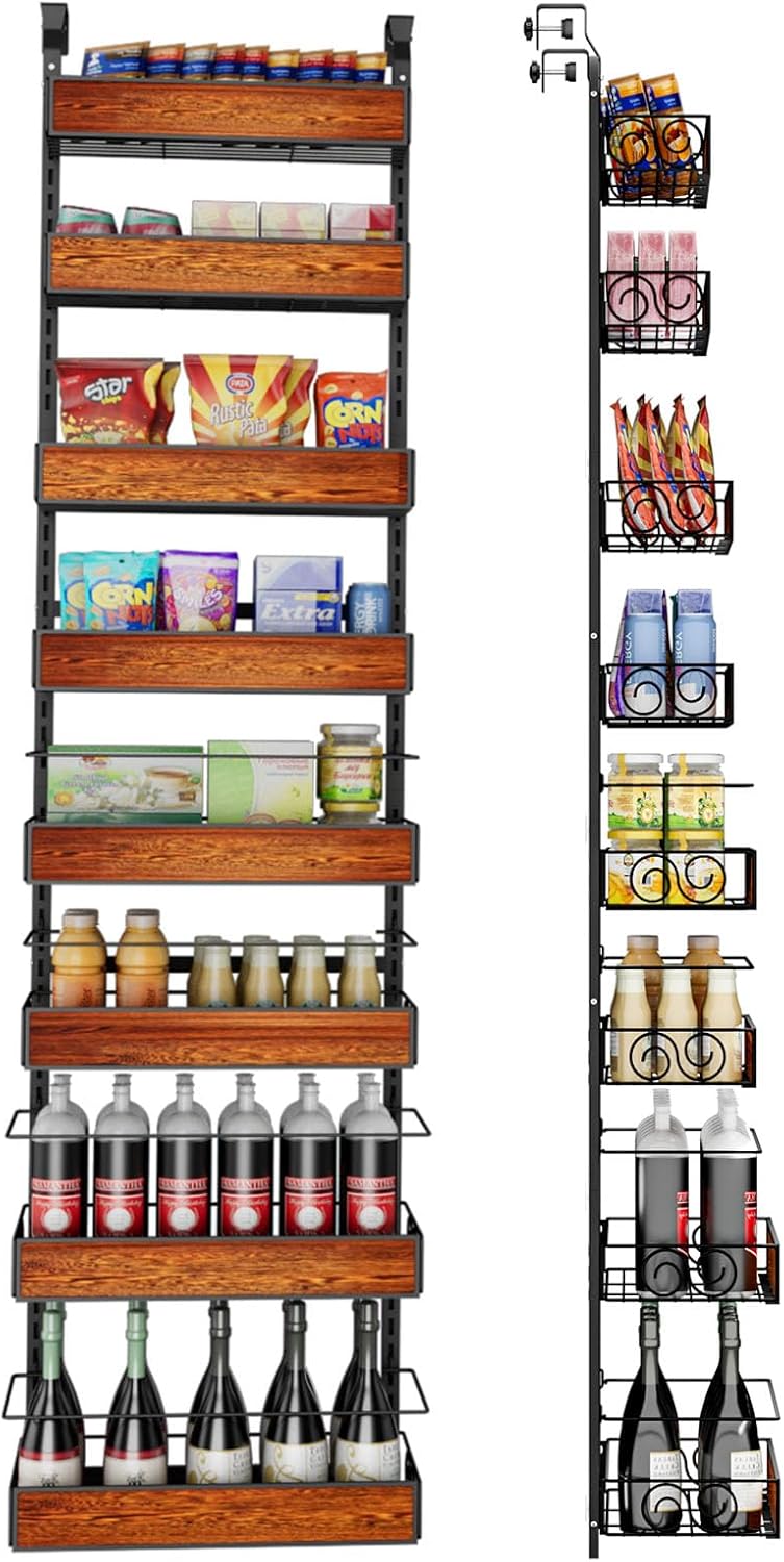 Over the Door Pantry Organizer, 8-Tier Metal Hanging Spice Rack with Adjustable Basket for Kitchen Storage