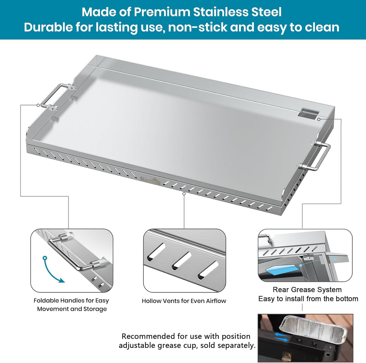 Stanbroil 28 inch Stainless Steel Flat Top Gas Grill Griddle Replacement for Blackstone 2-Burner Propane Fueled Grill Improved New Rear Grease Management System (Improved Version)