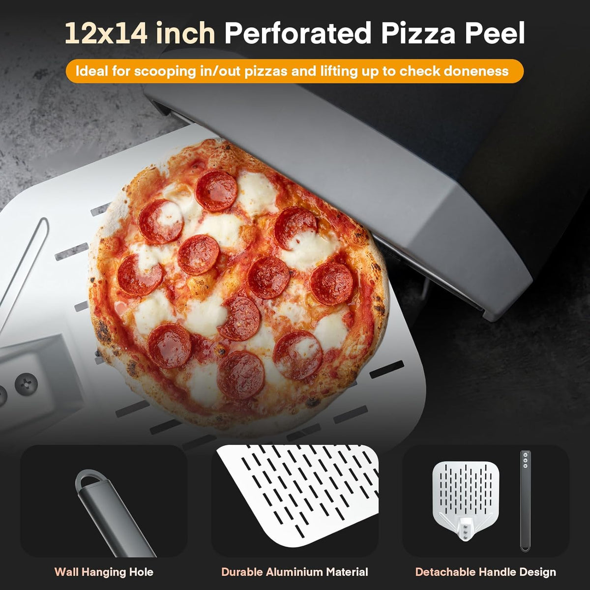 4PCS Pizza Oven Accessories, Yofuly 12 Inch Perforated Pizza Peel, 9 Inch Round Turning Peel, Pizza Stone Cleaning Brush with Scraper, Rocker Cutter, Homemade Pizza Supplies Tools Kit