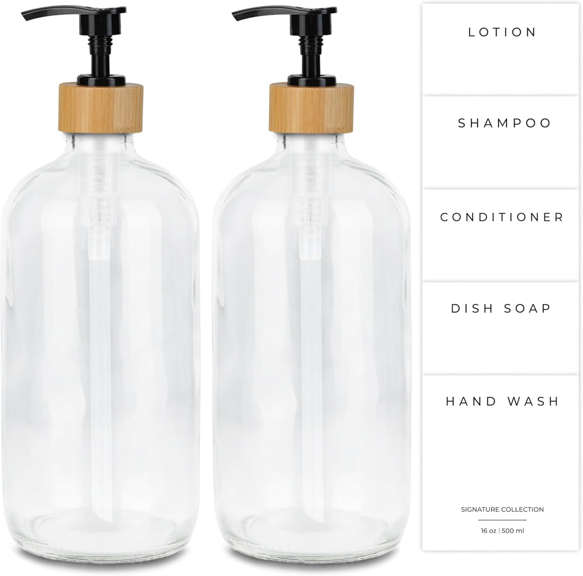 Emerson Soap Dispenser, Dish Soap Dispenser for Kitchen, Soap Dispenser Bathroom Set - Hand Soap Dispenser, Kitchen Soap Dispenser Set, Glass Soap Dispenser with Pump and Labels, 16 Oz | 2-Pack