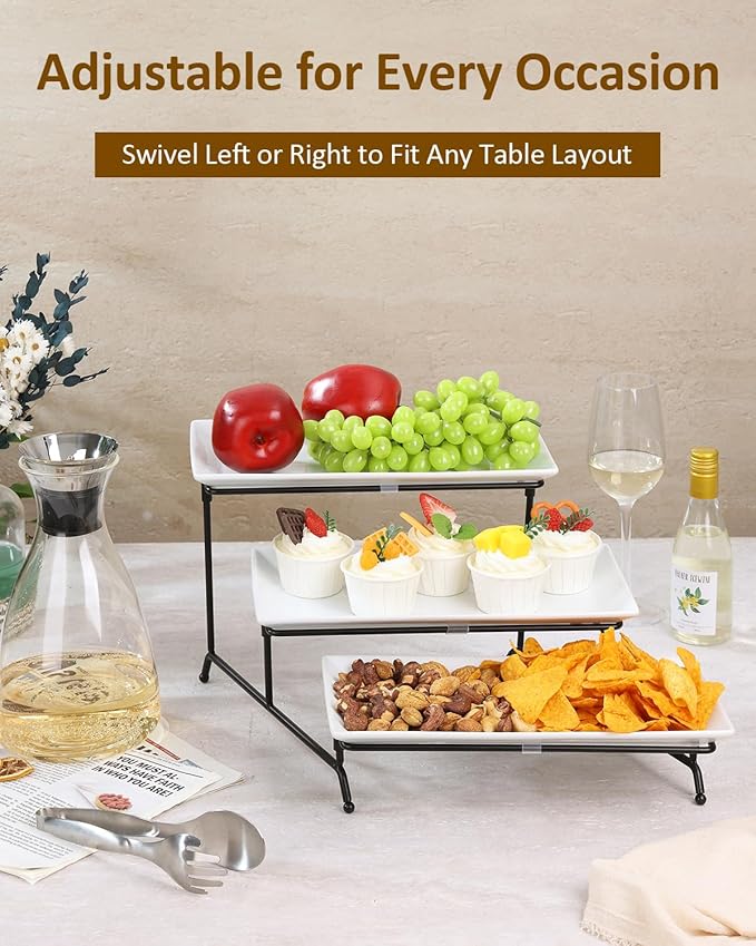 Yedio 3 Tier Serving Trays for Party, Porcelain Serving Platters and Trays, 12 Inch Tiered Tray Stand, Fruit Tray, Trays for Serving Food, White Dessert Stand with Collapsible Sturdier Metal Rack