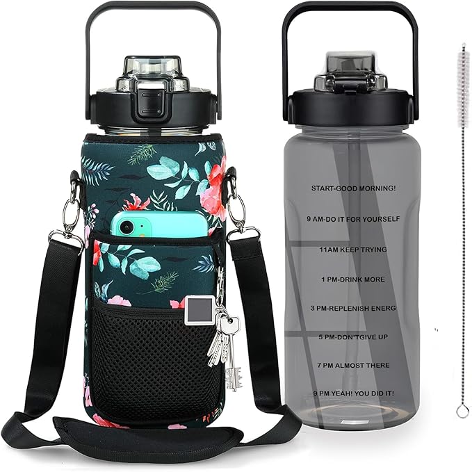 Half Gallon Water Bottle with Sleeve, 64OZ Motivational Water Bottle with Straw & Time Marker, BPA Free Leakproof Large Sports Water Bottle, Reusable Water Jug for Workout Gym Sport