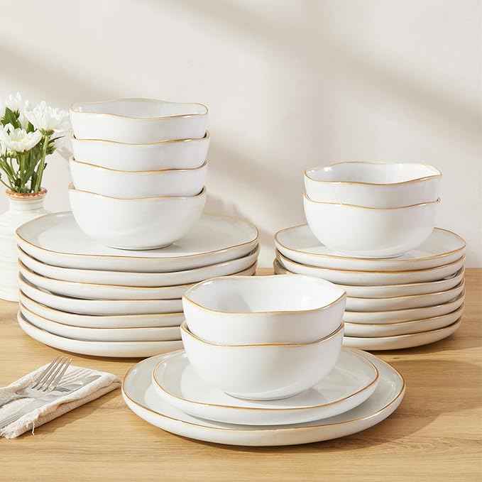 24 Piece White Ceramic Plates and Bowls Sets for 8, Reactive Glaze Stoneware with Coastal‑Line Look | Ideal for Holiday Entertaining, Thanksgiving, and Large Family Meals