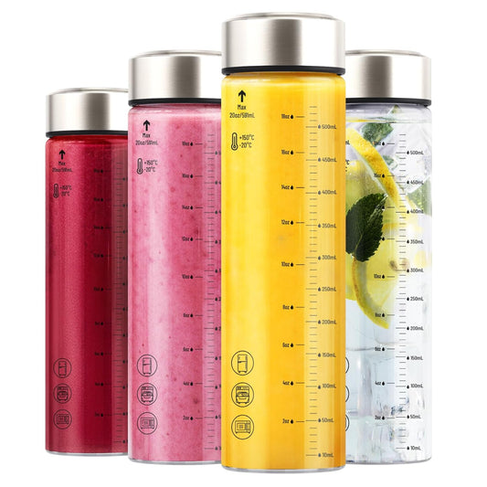 Zukro 20 oz Borosilicate Glass Water Bottles with Stainless Steel Lids and Measurement| Reusable Leakproof Drinking Bottles for Juicing, Smoothie, Protein| 4 Pack Wide Mouth BPA-Free Juice Container