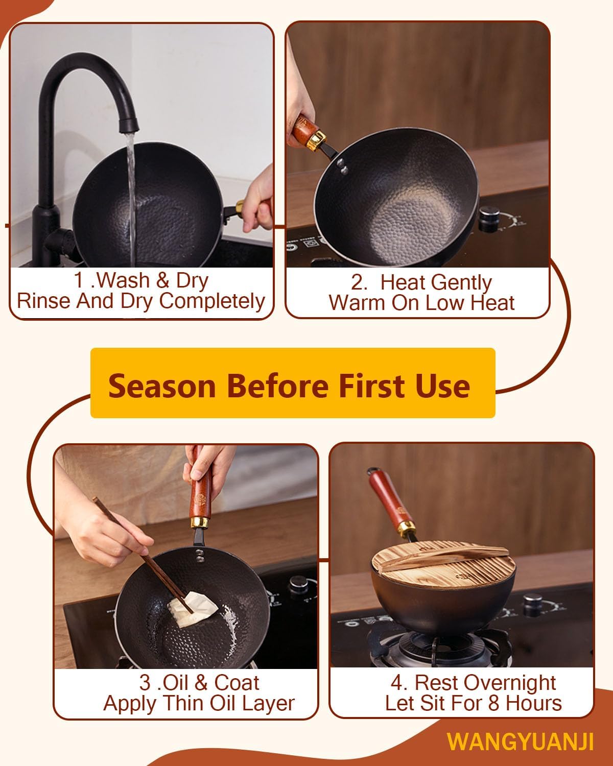 WANGYUANJI Iron Wok,Non-Coated Flat Bottom Small Wok,8.6-Inch Wrought Iron Wok with Lid and Spatula,Stir-Fry Pans Pure Iron Cookware Compatible with Induction, Gas, and Electric Ceramic Cooktops