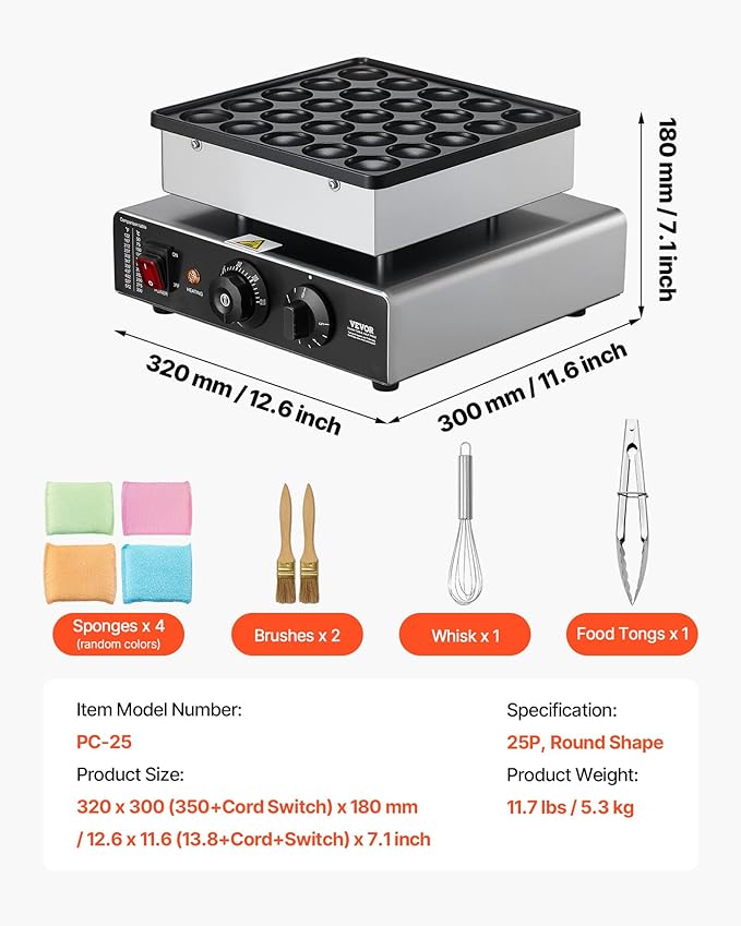 VEVOR Mini Pancake Maker, 25PCS 43mm Diameter Dutch Muffin Waffle Baker, Non-stick Stainless Steel Poffertjes Grill, Commercial Electric Dorayaki Machine, Temp & Time Control, Home Kitchen Restaurant