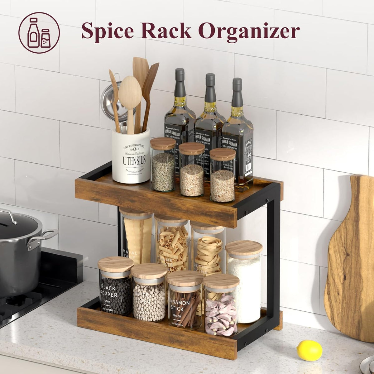 MARTY 2 Tier 15.75"x8.9" Large Countertop Shelf Organizer Spice Rack, Coffee Station Organizer for Mugs Cups, Wooden Shelf Desktop Storage Organizer for Kitchen Bathroom Home Office (Rustic Brown)